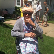 Ever the character, Polly dressed up like an old lady for the Igl family reunion.  She had on our Mom's apron. - Dorothy Igl Stepien