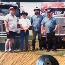Randy (Ten Bears) with Dan David and Jim - Back in their trucking days...Look at all Randys long hair!! That was way before his ponytail days! LOL - Lynda Spencer