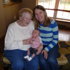 My favorite photo of Marge, her Grand Daughter Katie and Great Grandson Roy.  I love the smile on her face. - Elise Meinecke