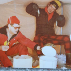 Ice fishing with Bob, you have to notice the cool red wool outfit Pete loved. He got a lot of razzing about that suit. It was nicknamed the smoking jacket because he got caught smoking a cig while a buck stood there staring at him. Needles to say the deer trotted off. - Larry