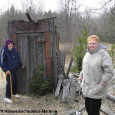 Louise and Emily visiting the old Schlorff homestead.  All that is left standing is the outhouse. - Linda Derrick 
